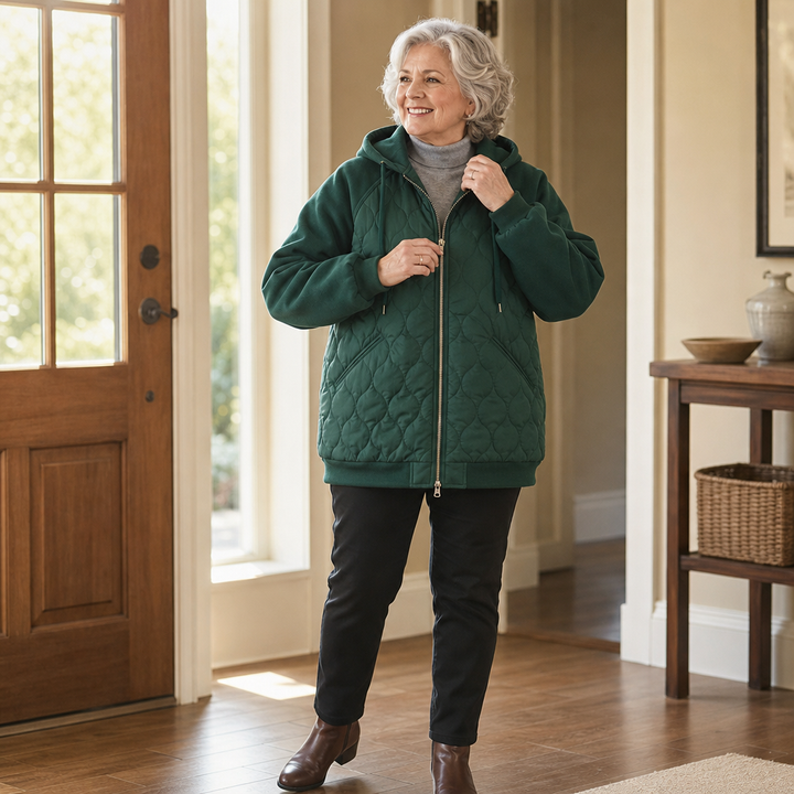 Marguerite quilted hooded puffer jacket, zipping up indoors