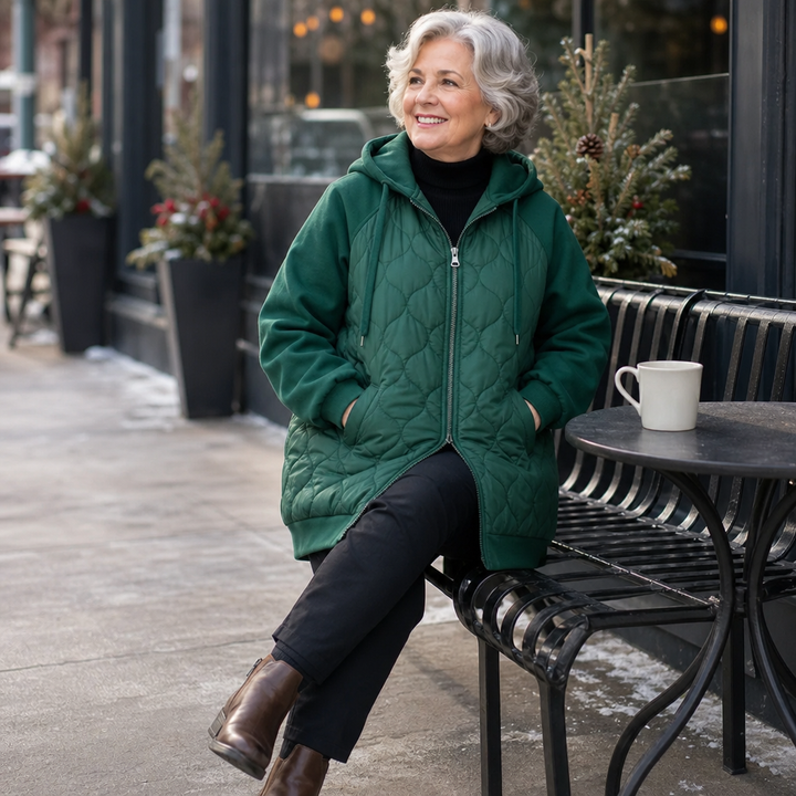 Marguerite quilted hooded puffer jacket, seated outdoor cafe view
