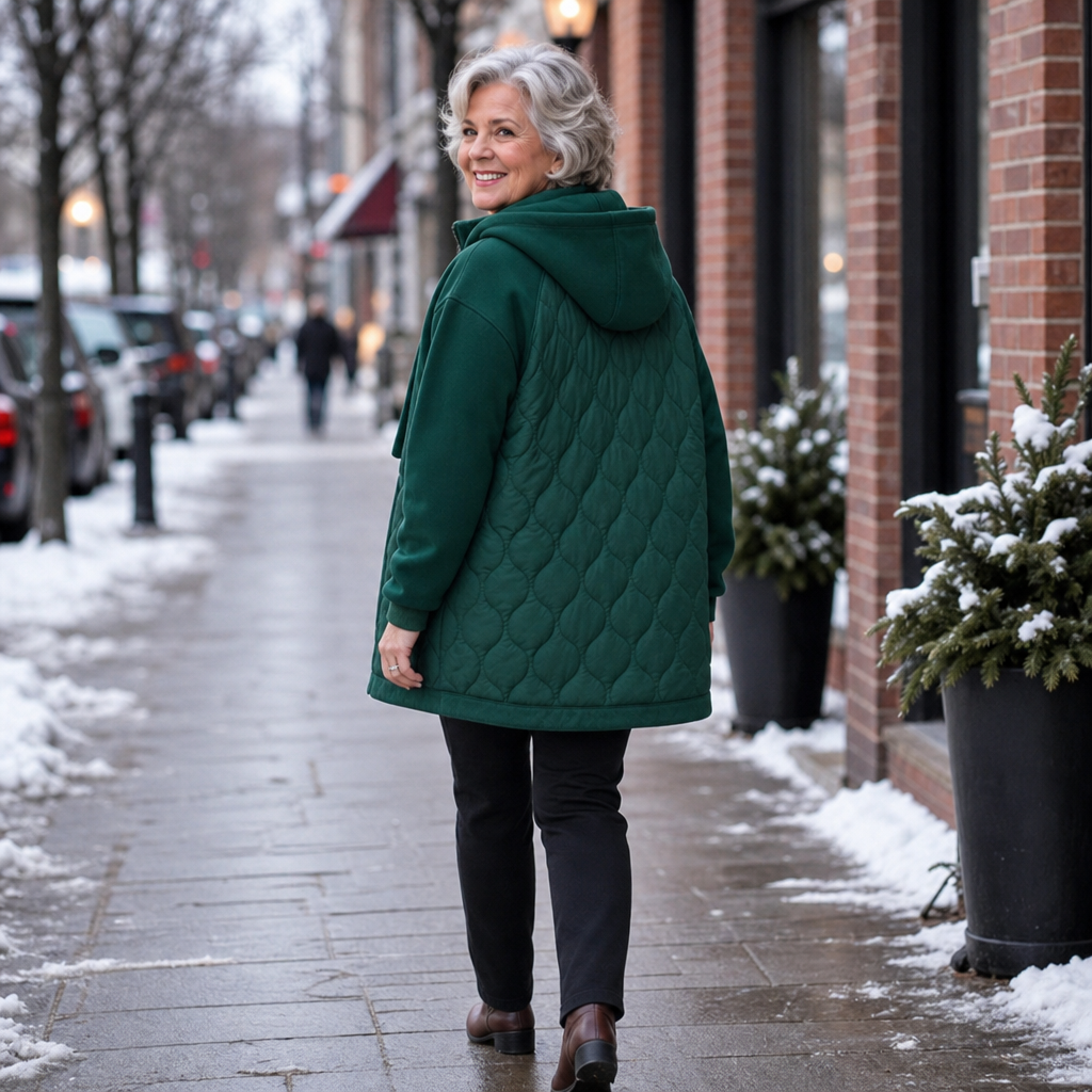 Marguerite quilted hooded puffer jacket, seated outdoor cafe view