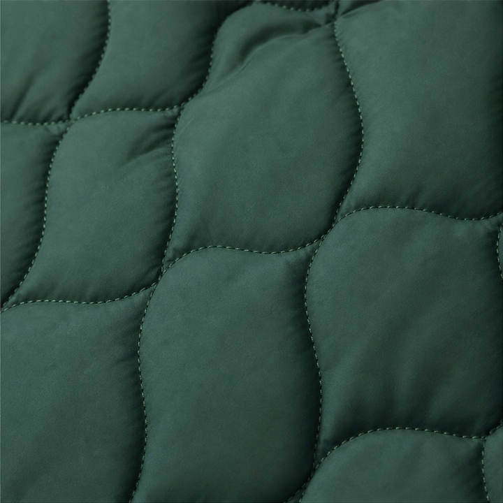 Marguerite quilted hooded puffer jacket, seated outdoor cafe view