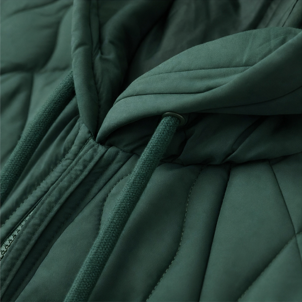 Marguerite quilted hooded puffer jacket, seated outdoor cafe view