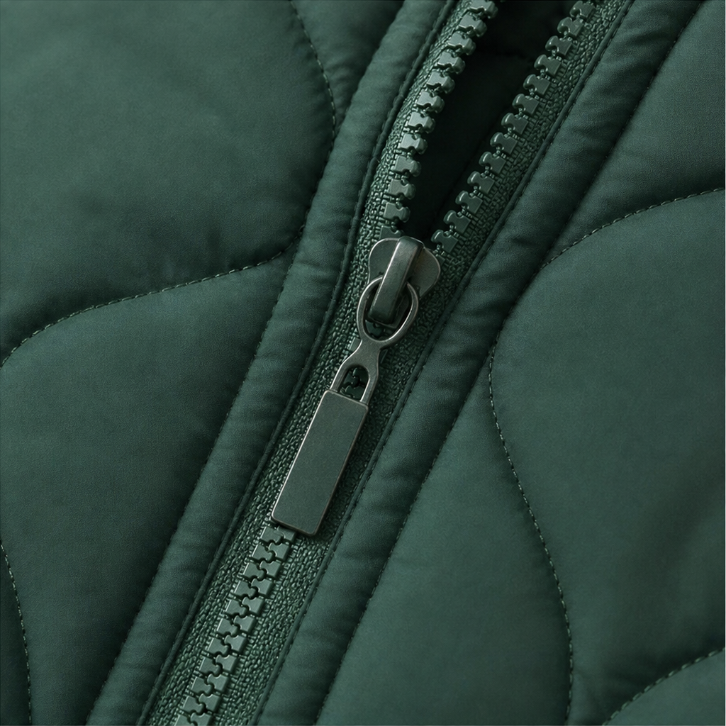 Marguerite quilted hooded puffer jacket, seated outdoor cafe view
