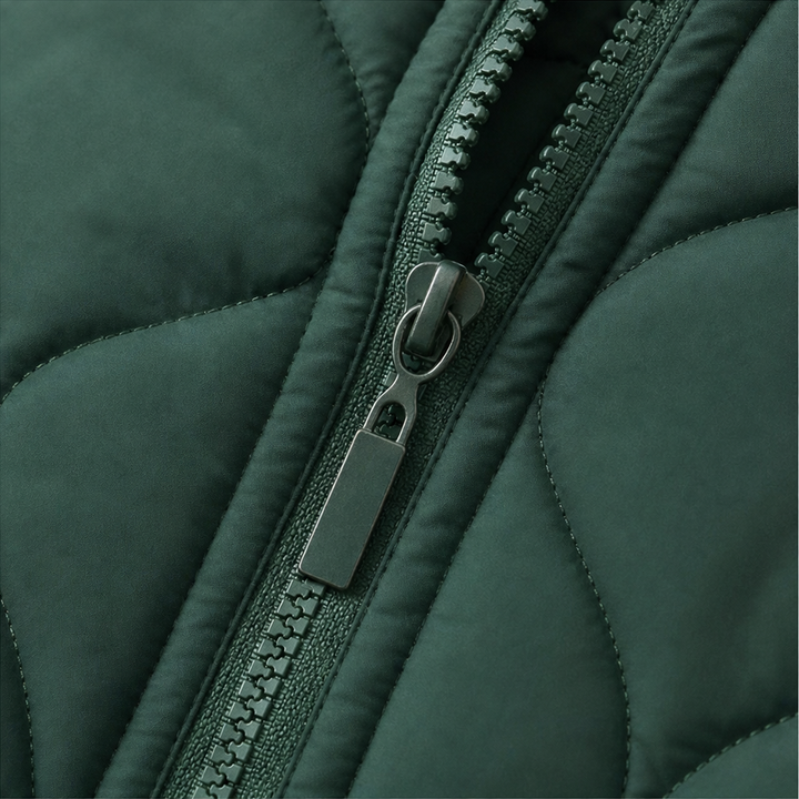 Marguerite quilted hooded puffer jacket, seated outdoor cafe view