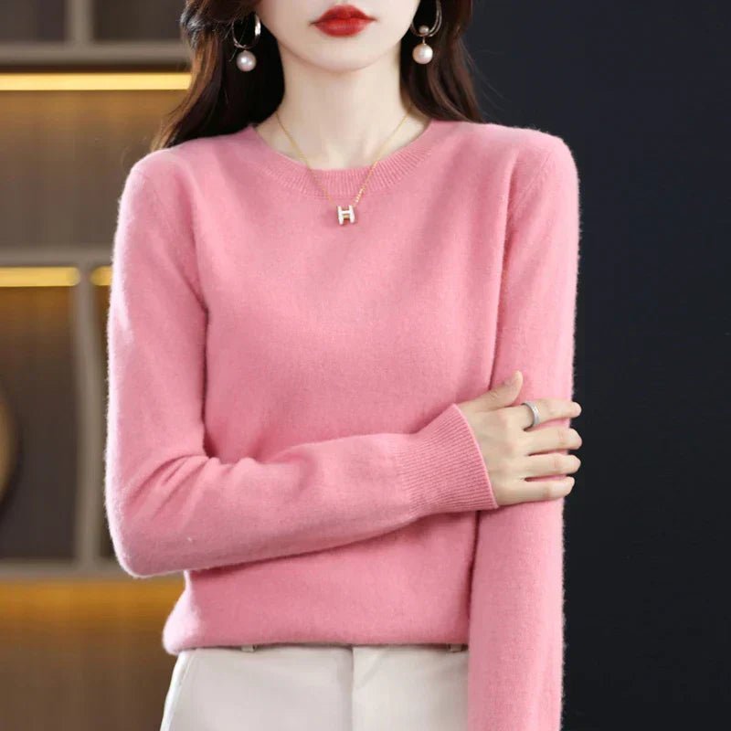 Marielle classic crew neck sweater in pink, front view