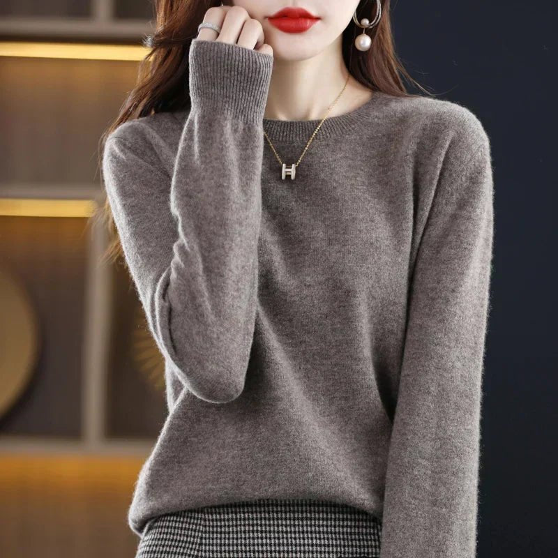 Marielle classic crew neck sweater in taupe, front view