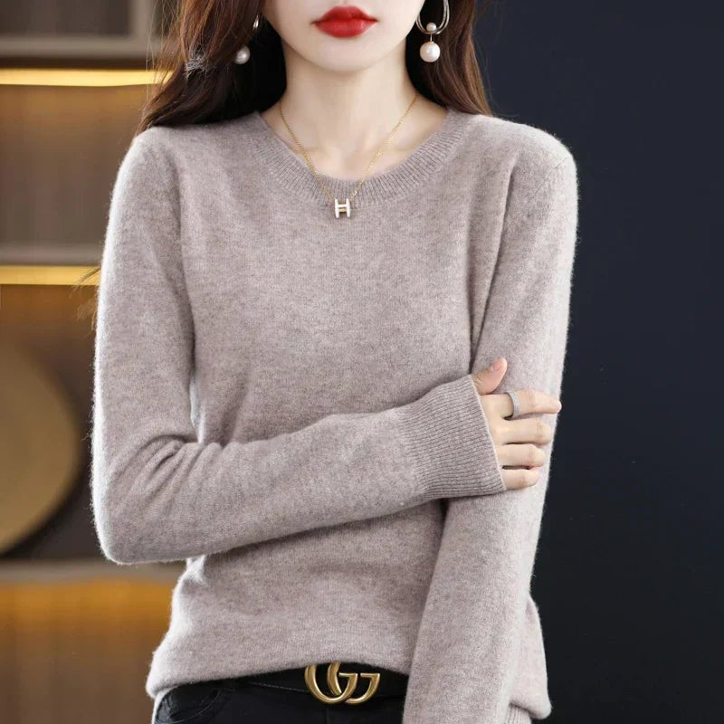 Marielle classic crew neck sweater in beige, front view