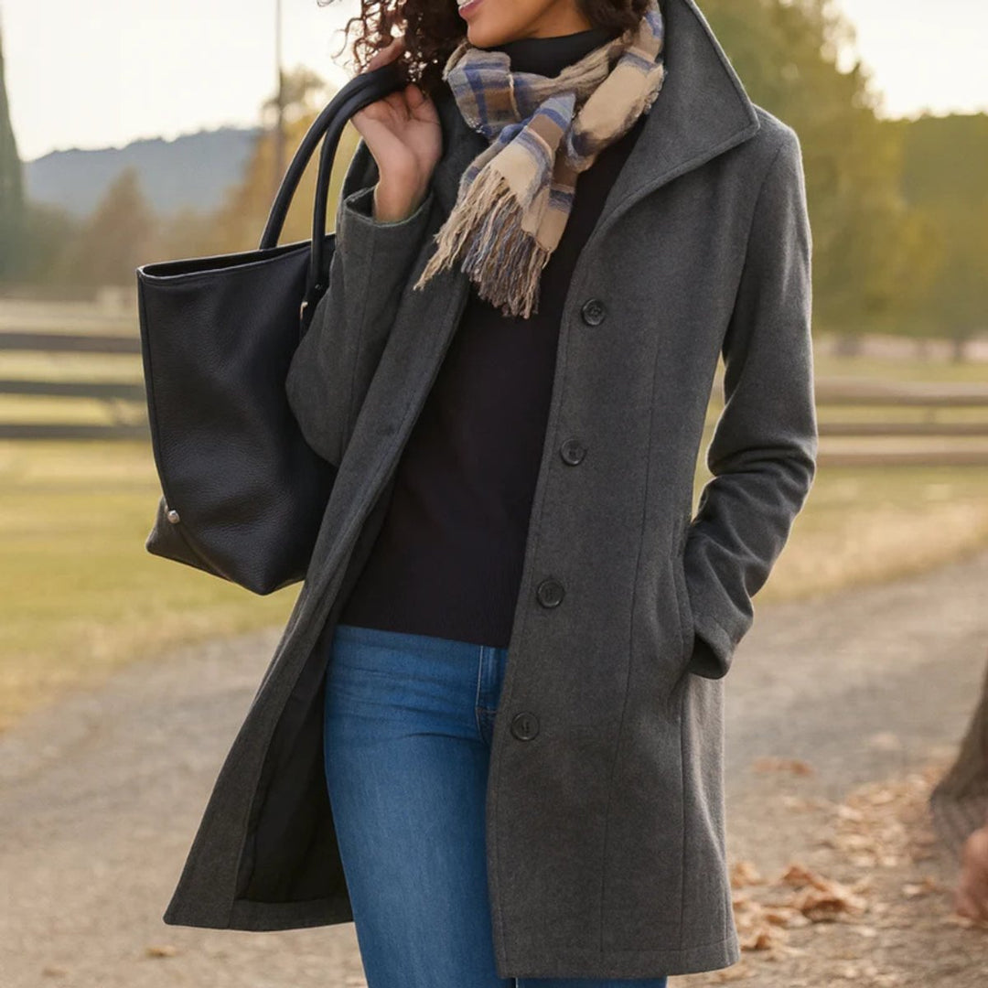 Marielle classic single-breasted mid-length coat in gray, front view styled with jeans