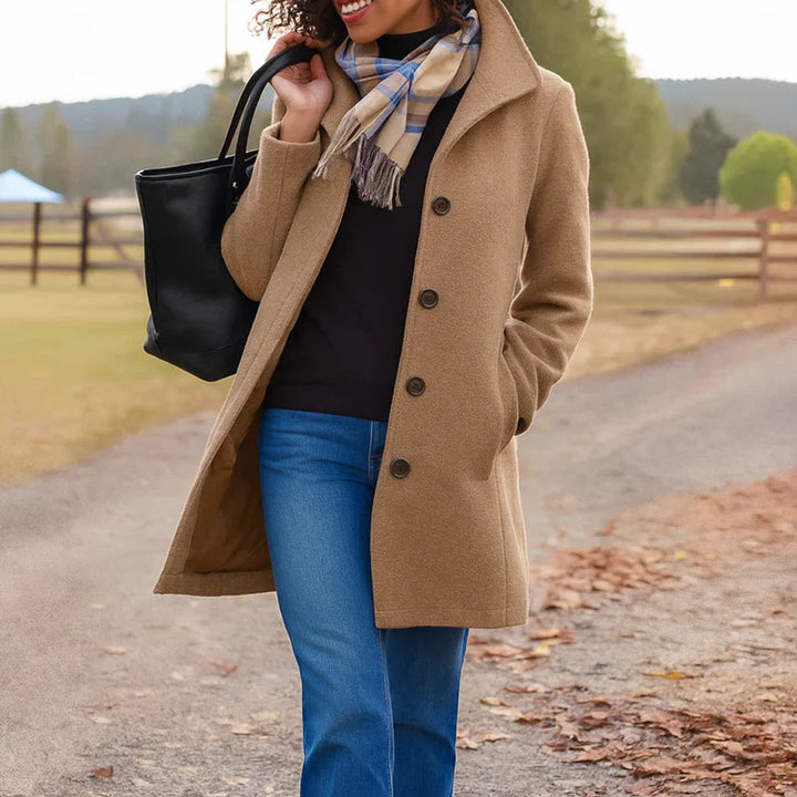 Marielle classic single-breasted mid-length coat in khaki, front view with plaid scarf