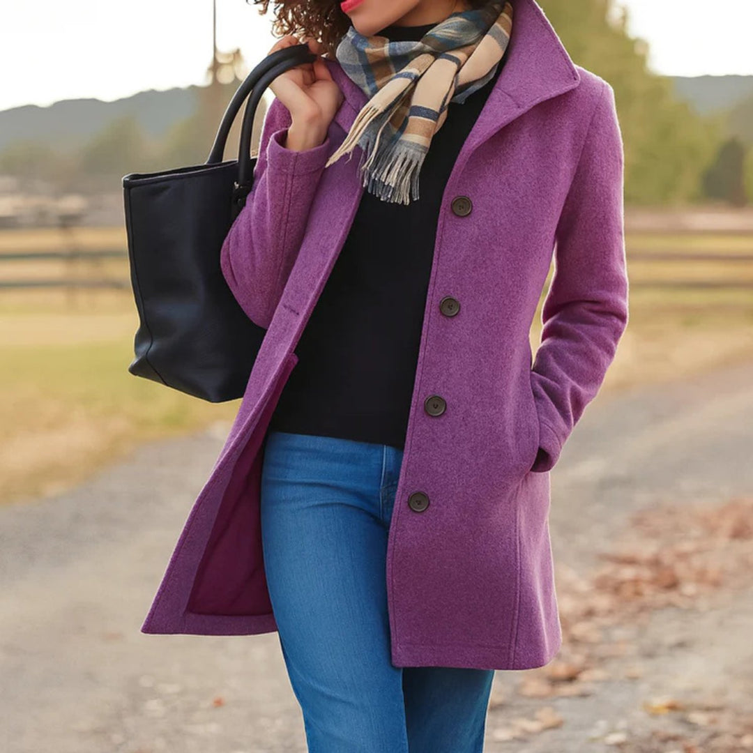 Marielle classic single-breasted mid-length coat in purple, close-up front view with buttons
