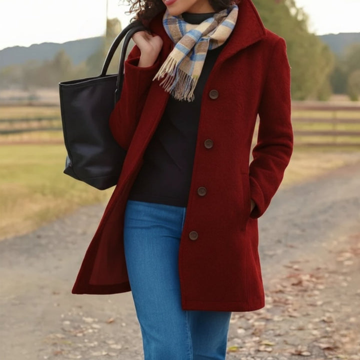 Marielle classic single-breasted mid-length coat in red, front view with plaid scarf detail