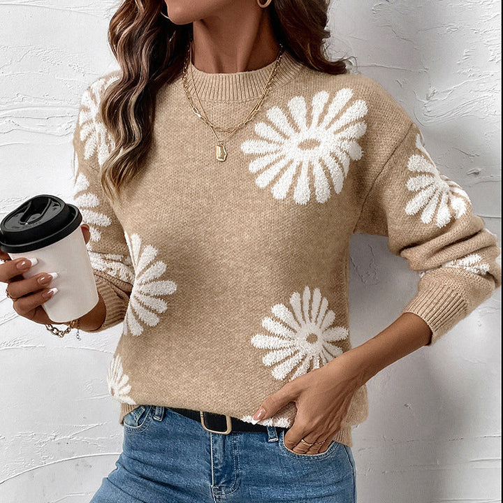 Marielle floral crew neck sweater, close-up front view holding coffee cup