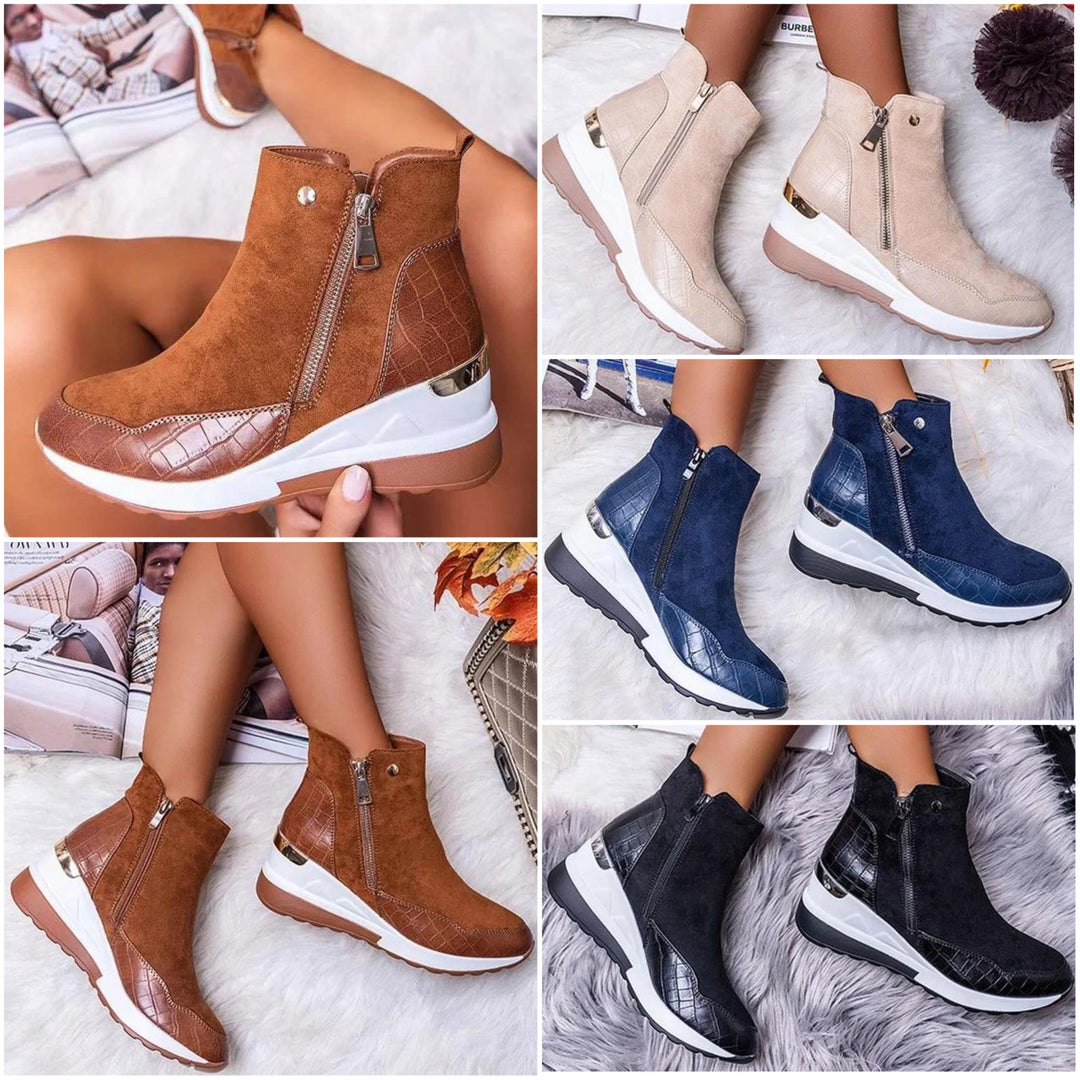 Marielle platform ankle boots shown in four colors: brown, beige, blue, and black