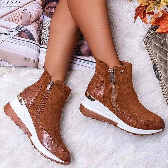 Marielle platform ankle boots side view pair on faux fur background