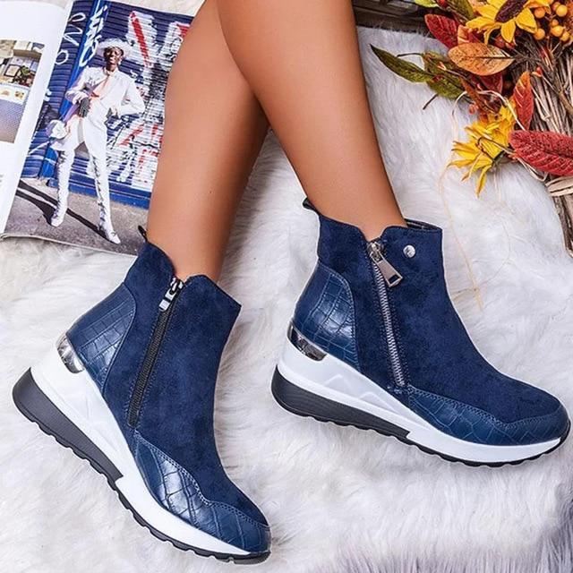Marielle platform ankle boots in beige worn on model