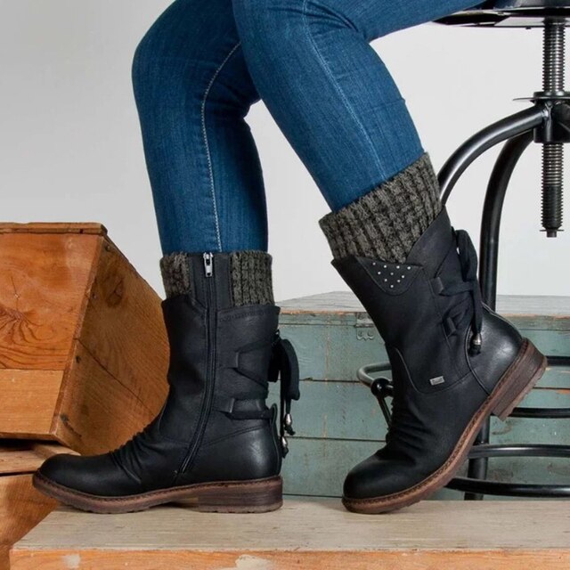 Marielle black knit cuff mid-calf boots with side zipper, styled with jeans