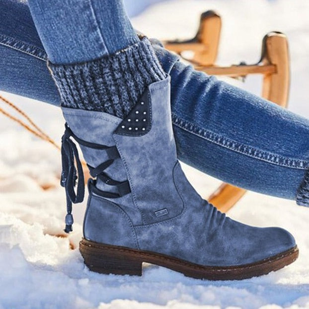 Marielle blue knit cuff lace-up mid-calf boots, close-up side view