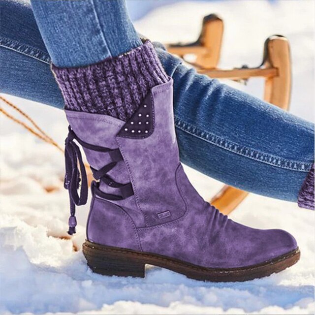 Marielle purple knit cuff lace-up mid-calf boots on snow, front view