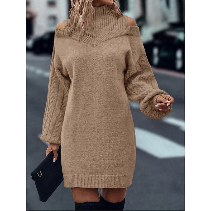 Marigold cold-shoulder turtleneck sweater dress in khaki, front view