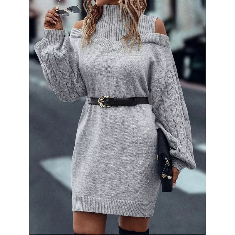 Marigold cold-shoulder turtleneck sweater dress in gray with belt, front view