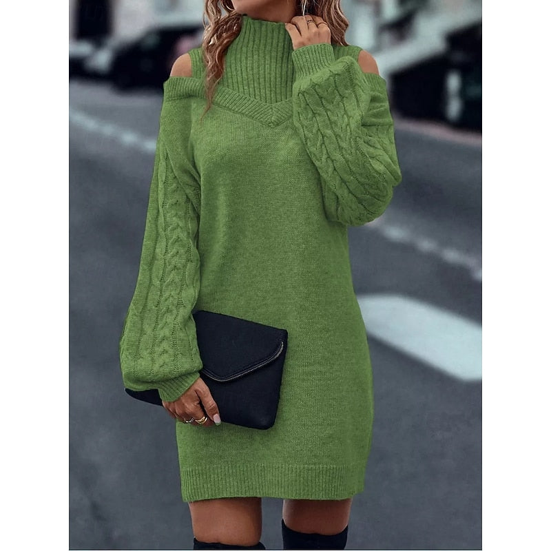 Marigold cold-shoulder turtleneck sweater dress in green, front view