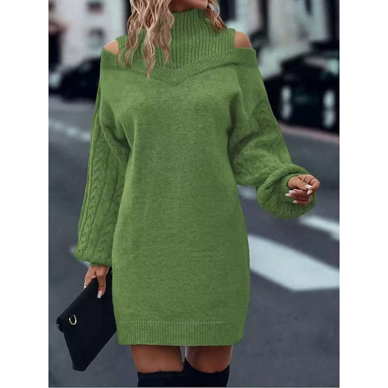 Marigold cold-shoulder turtleneck sweater dress in green, close-up front view