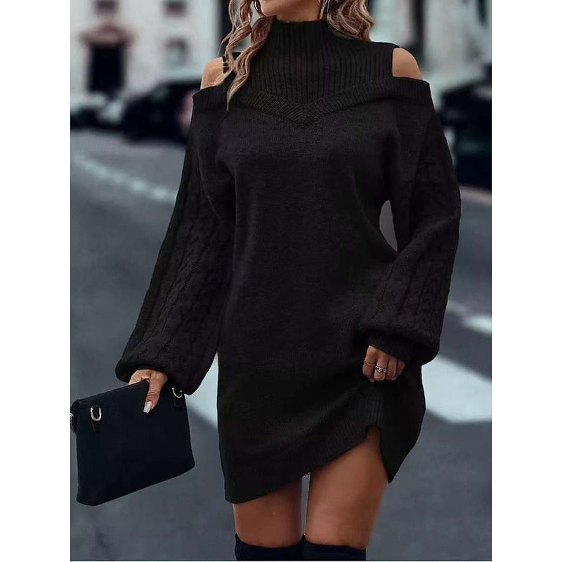 Marigold cold-shoulder turtleneck sweater dress in black, front view