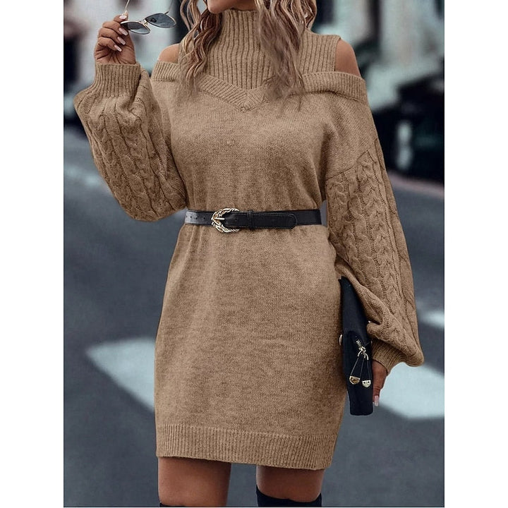 Marigold cold-shoulder turtleneck sweater dress in khaki with belt, front view