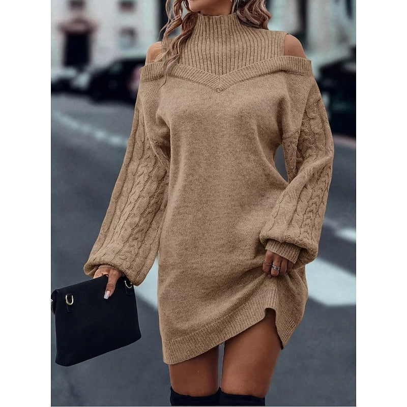Marigold cold-shoulder turtleneck sweater dress in khaki, asymmetric hem detail