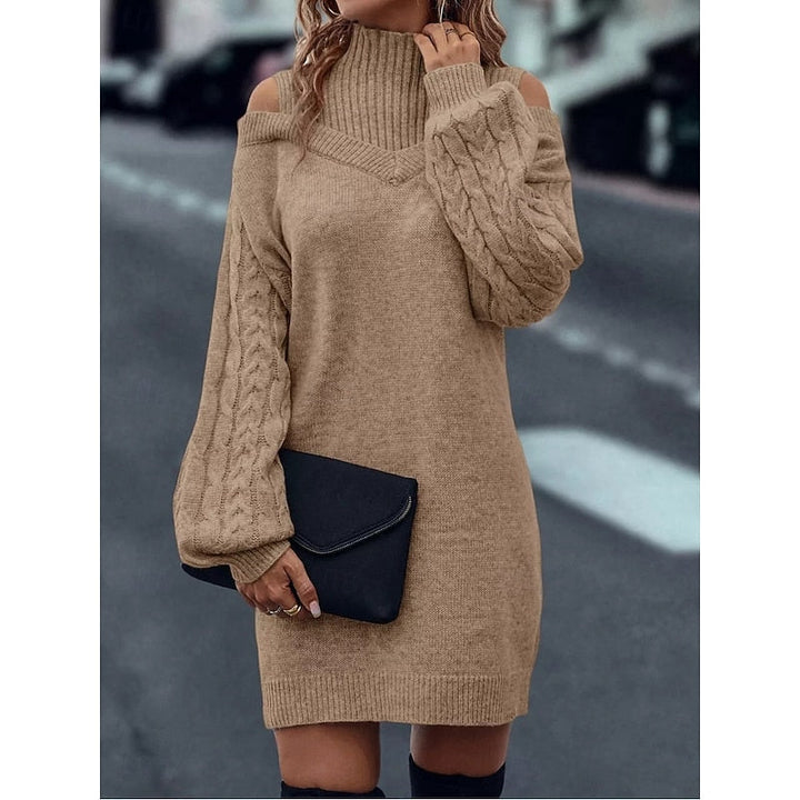 Marigold cold-shoulder turtleneck sweater dress in khaki, close-up front view
