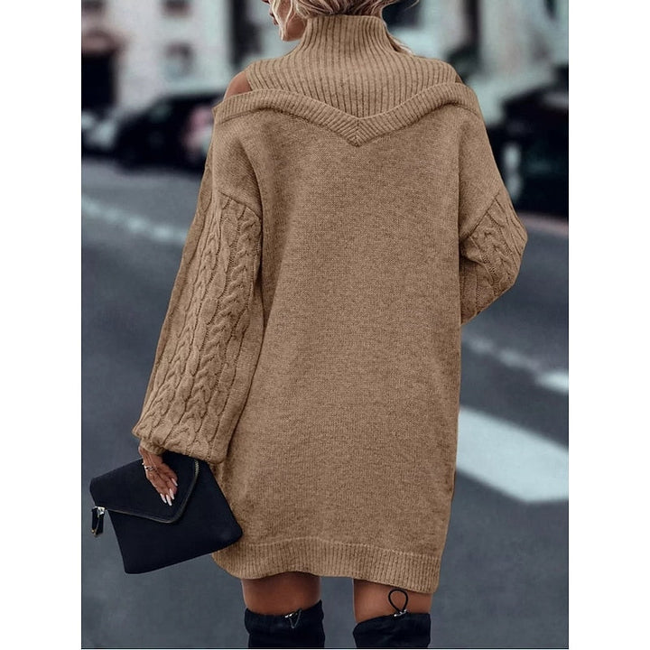 Marigold cold-shoulder turtleneck sweater dress in khaki, back view