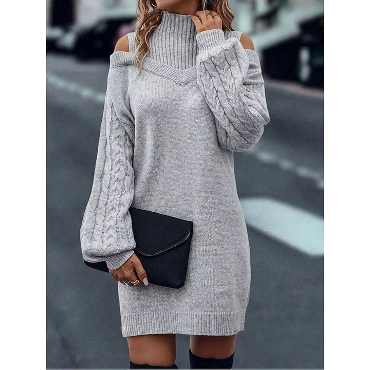 Marigold cold-shoulder turtleneck sweater dress in gray, front view