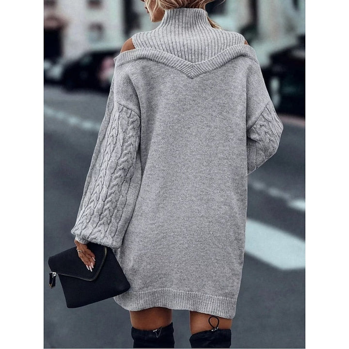 Marigold cold-shoulder turtleneck sweater dress in gray, back view