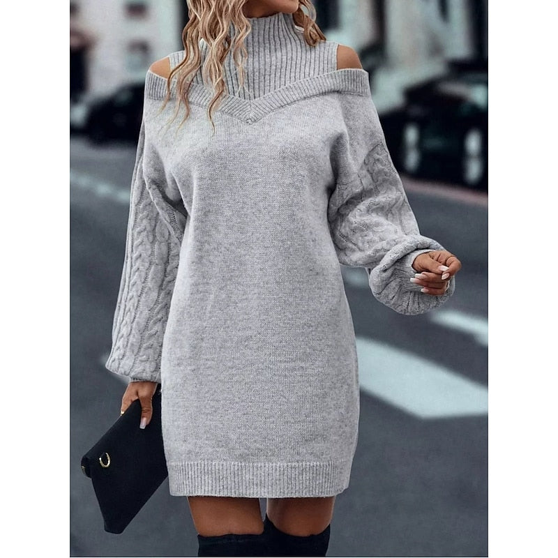 Marigold cold-shoulder turtleneck sweater dress in gray, front view