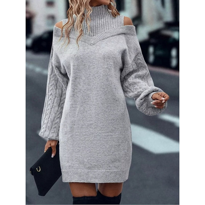 Marigold cold-shoulder turtleneck sweater dress in gray, front view
