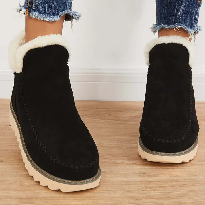 Marigold platform ankle boots with fur collar, close-up on model