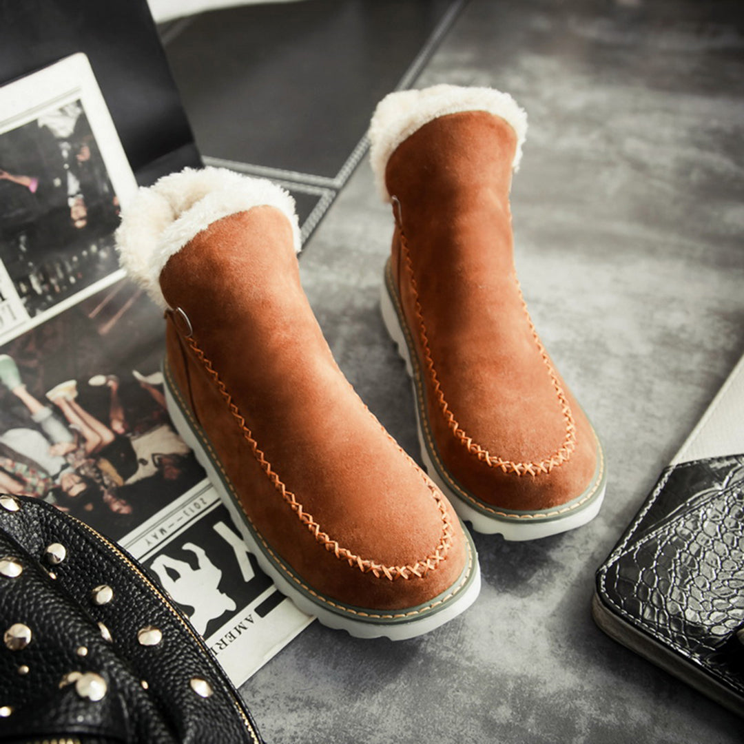 Marigold platform boots in beige, front view on model