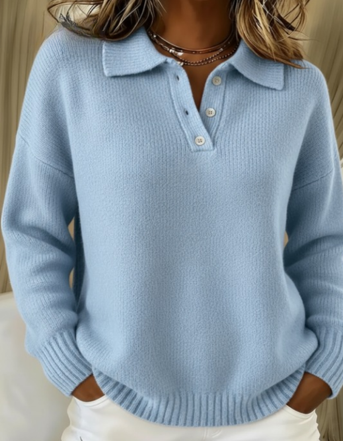 Marigold ribbed button collar sweater in light blue, front view close-up