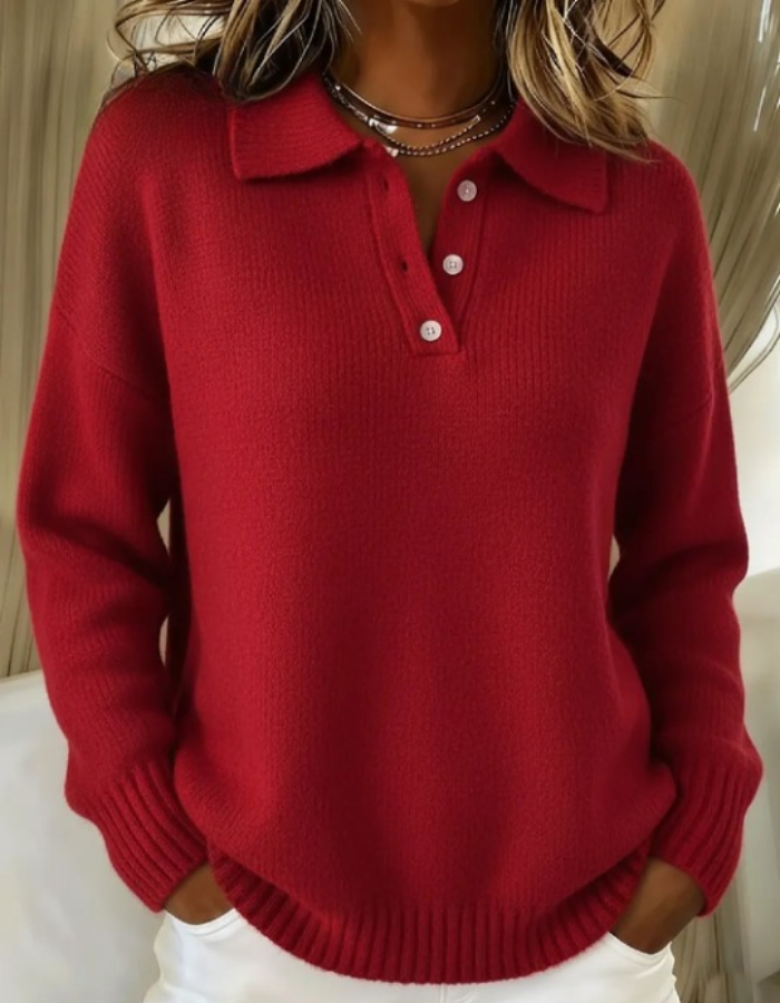 Marigold ribbed button collar sweater in red, front view close-up