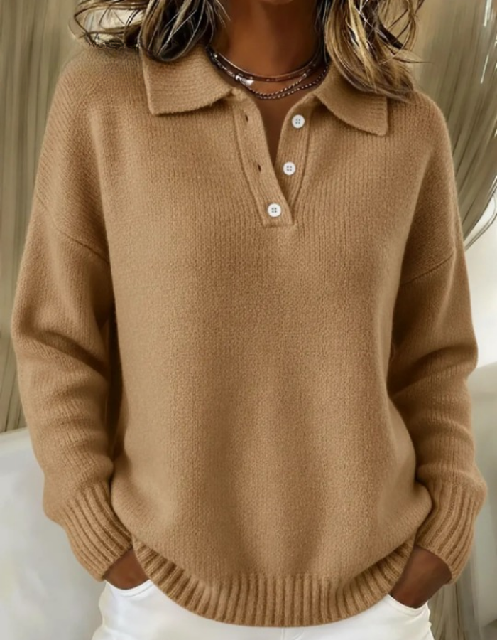 Marigold ribbed button collar sweater in camel, front view close-up