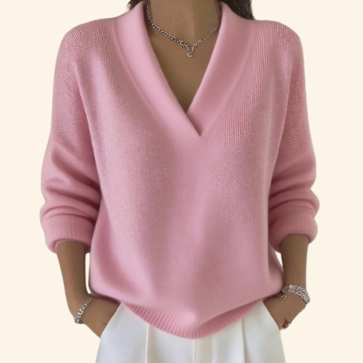 Marigold pink V-neck relaxed fit sweater, front view