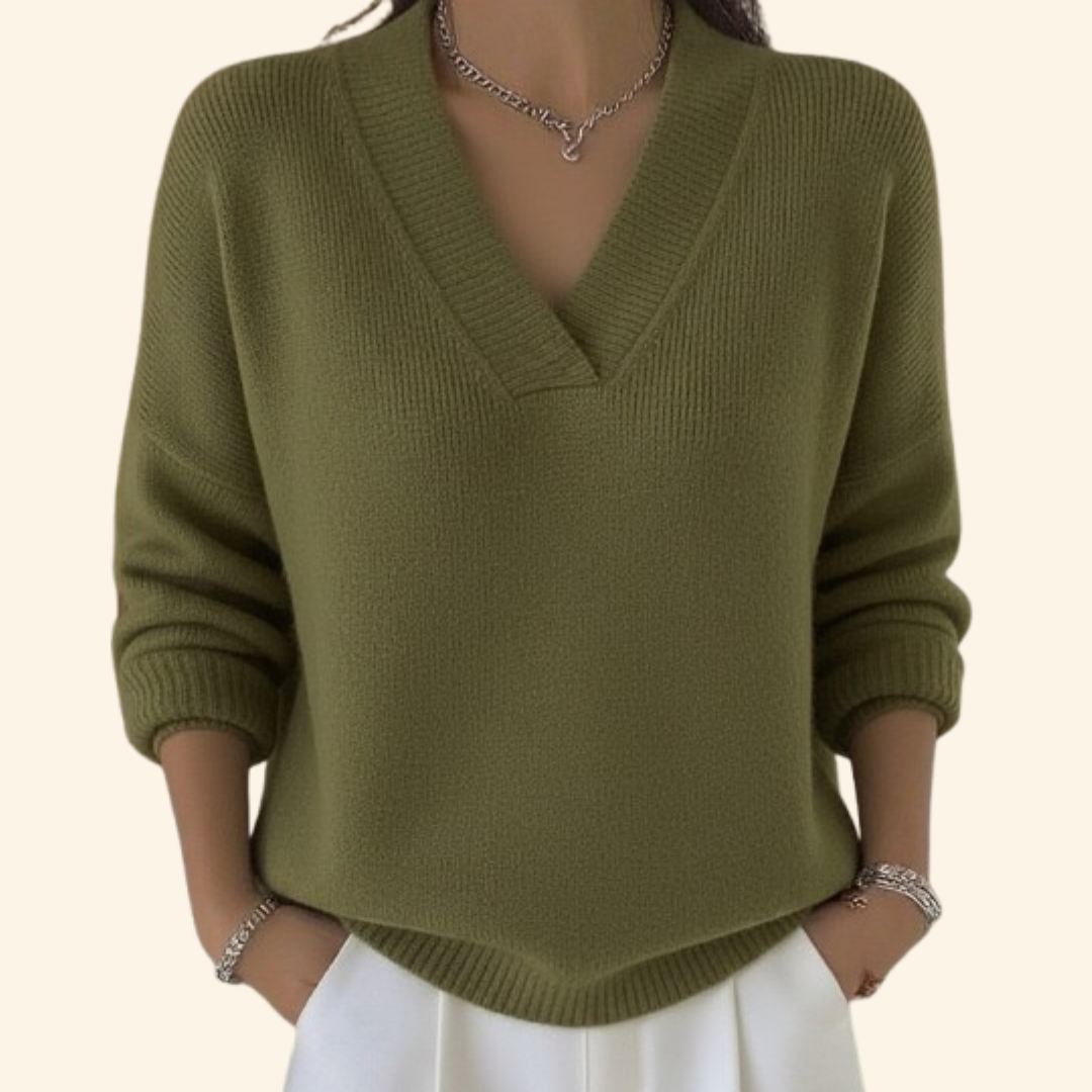 Marigold olive green V-neck relaxed fit sweater, front view