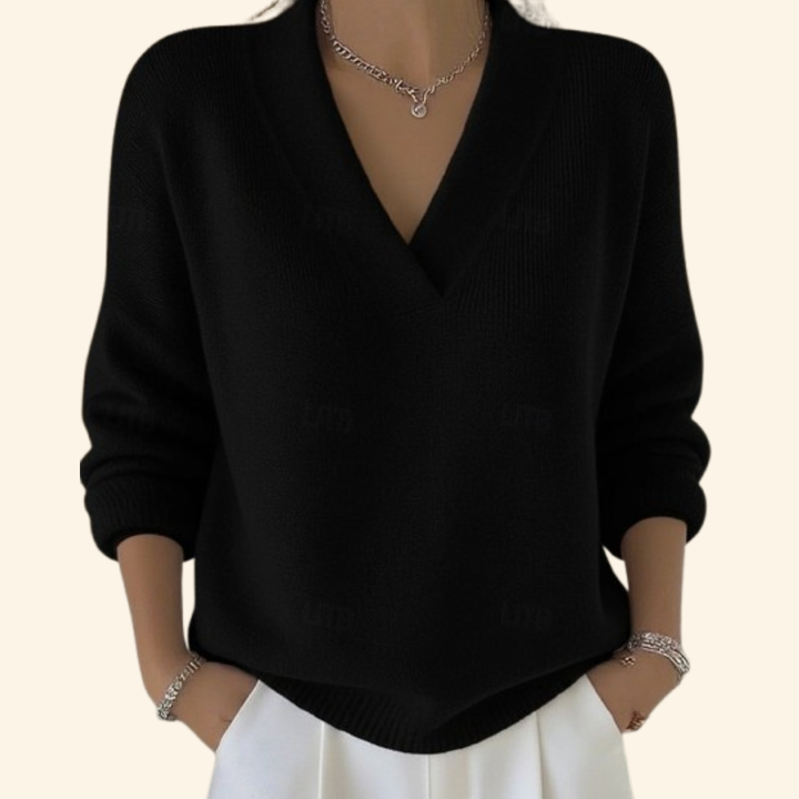 Marigold black V-neck relaxed fit sweater, front view