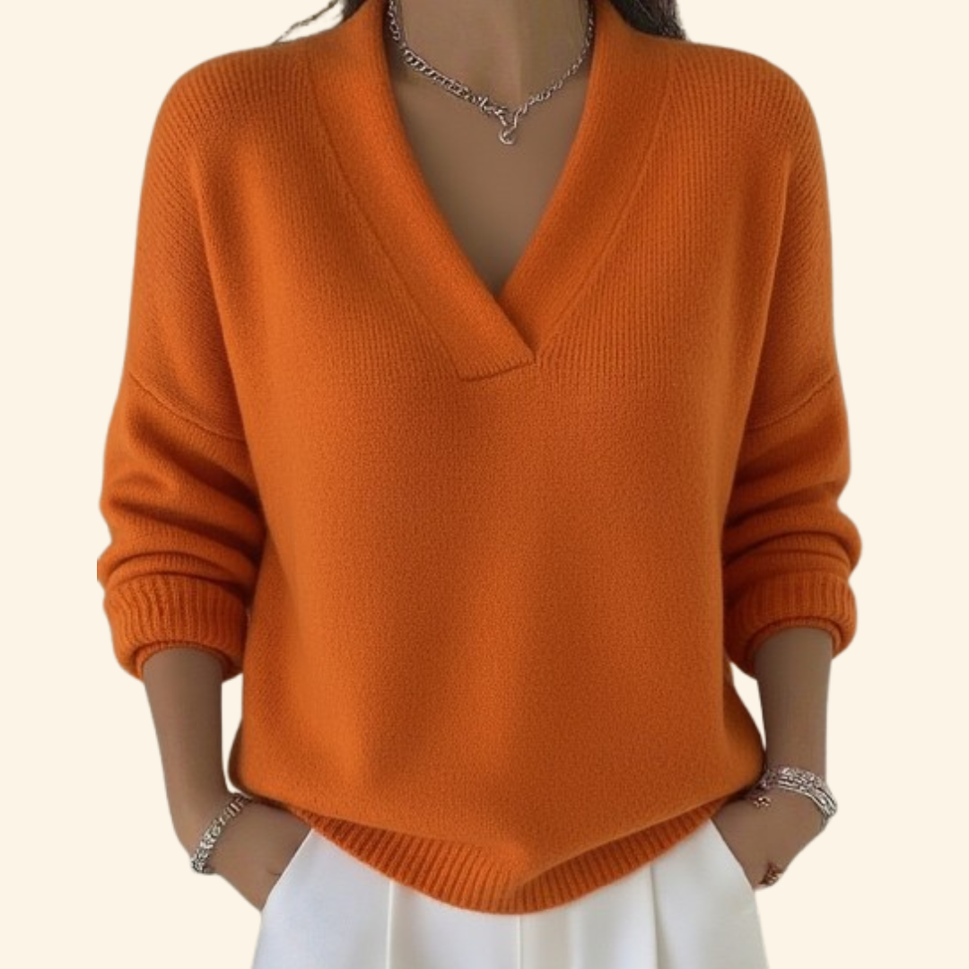 Marigold orange V-neck relaxed fit sweater, front view