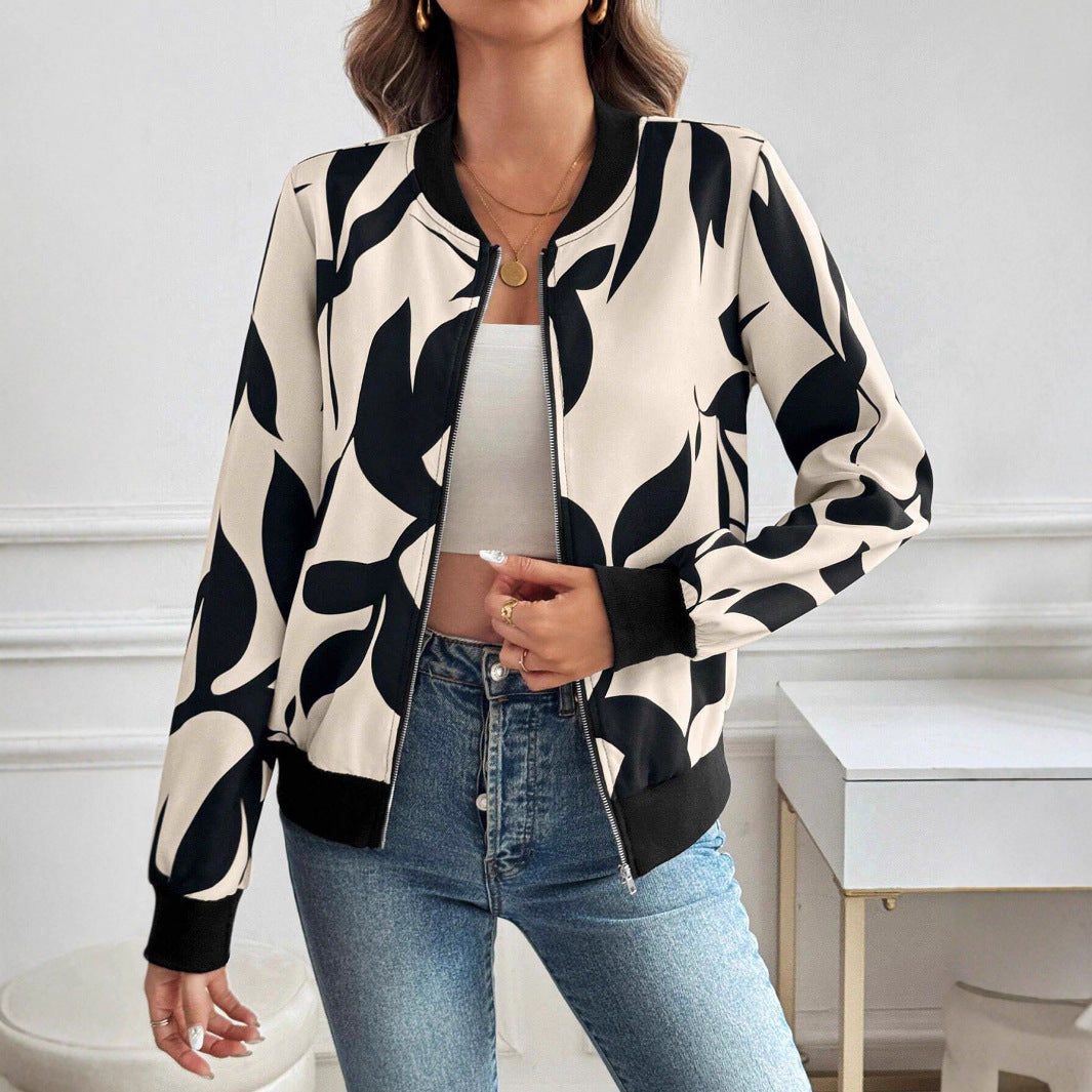 Marisela floral print bomber jacket, front view close-up with zipper open