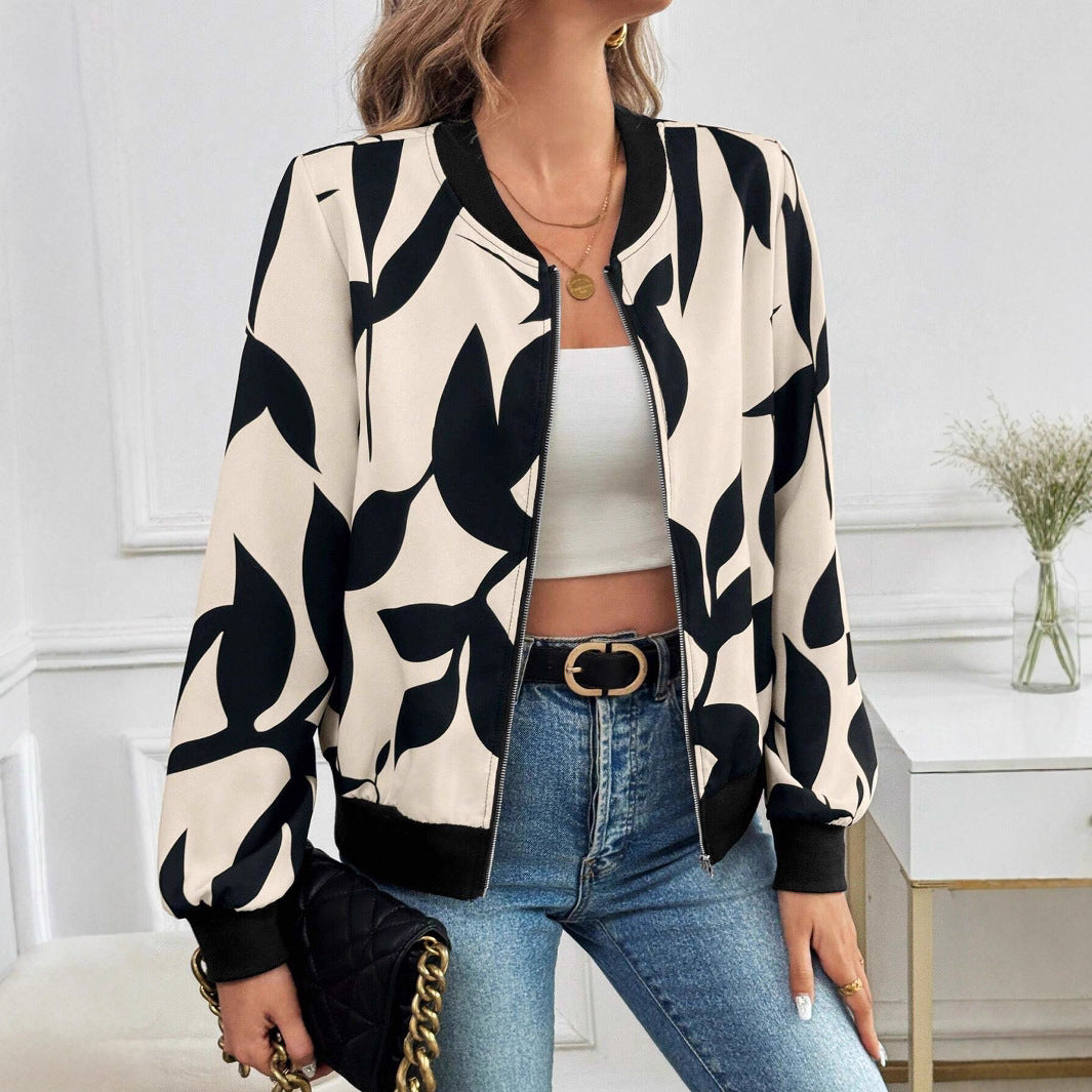 Marisela floral print bomber jacket, front view with jacket open