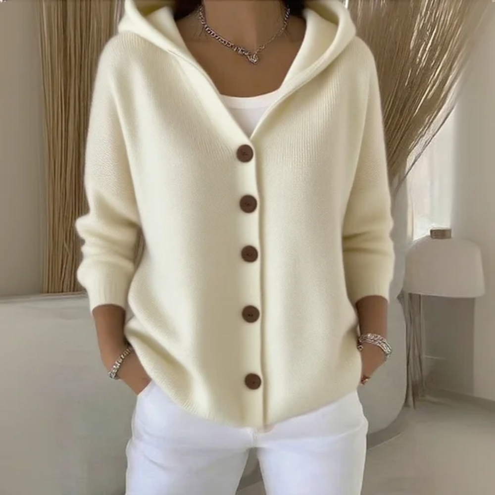 Marisol cream button down hooded cardigan, front view