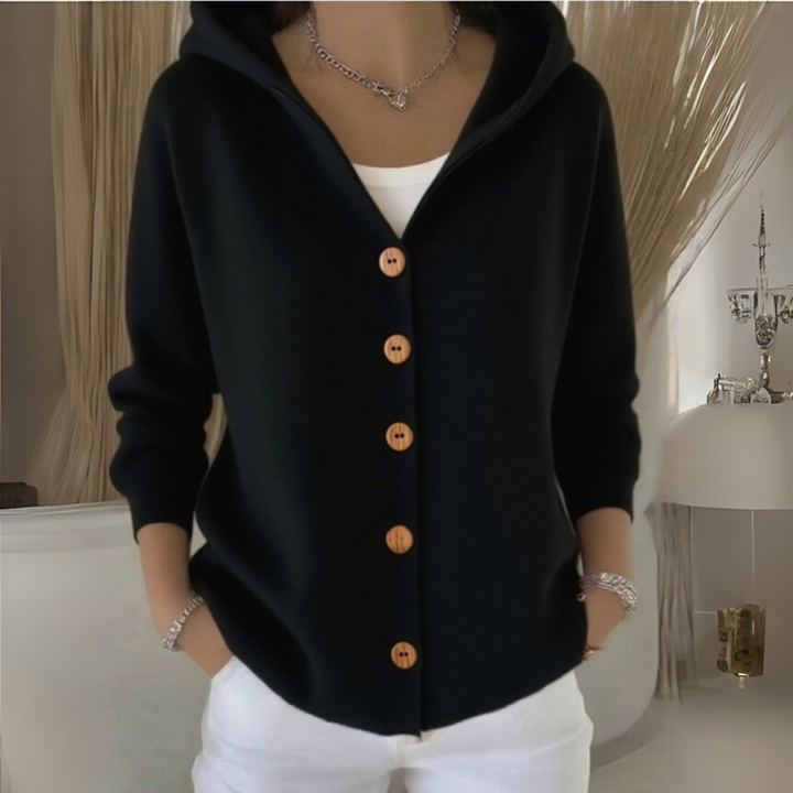 Marisol black button down hooded cardigan, front view