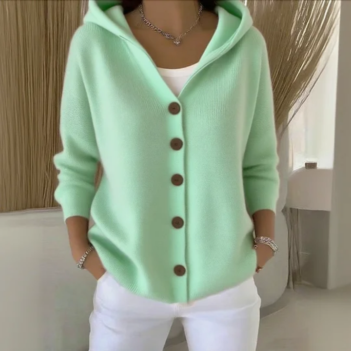 Marisol green button down hooded cardigan, front view