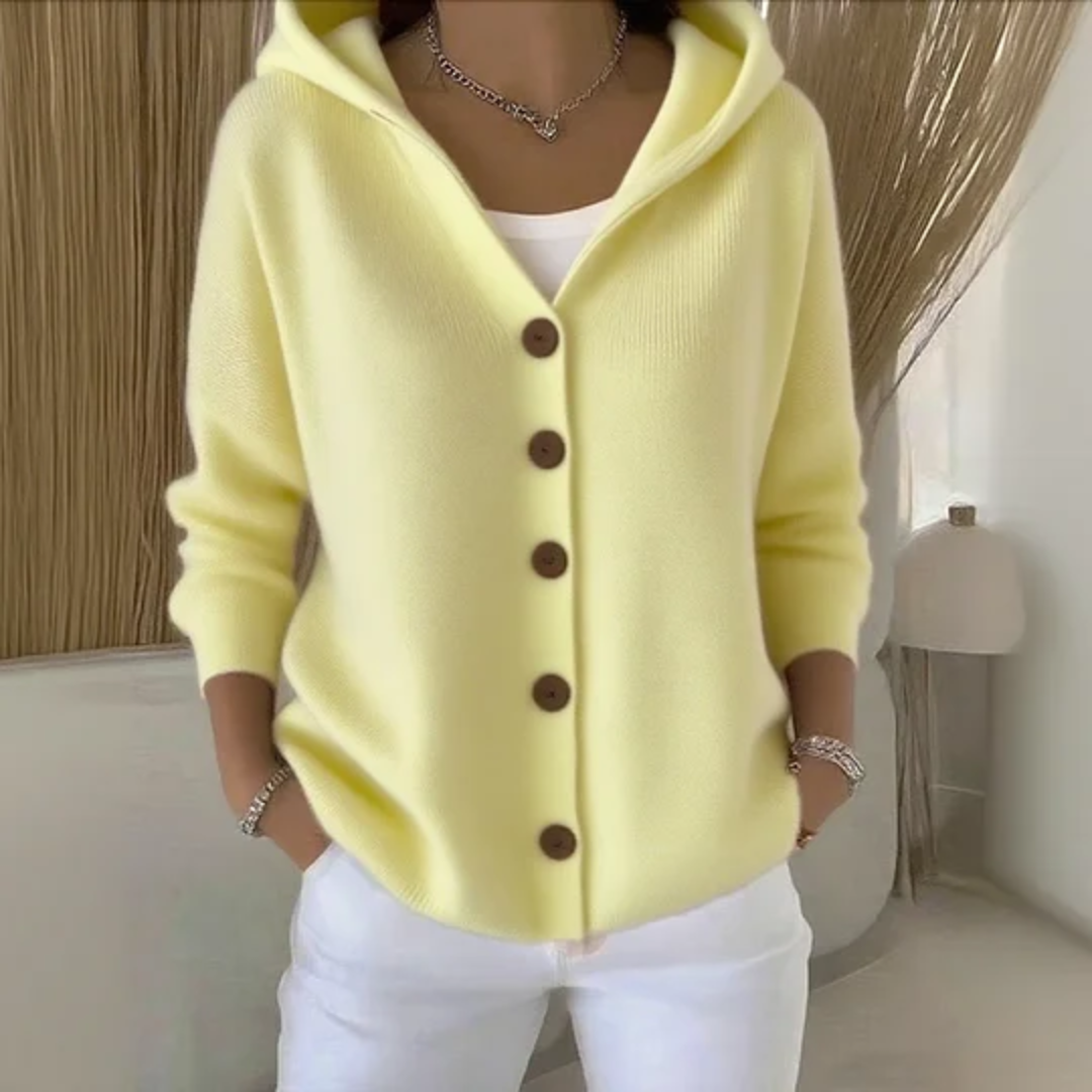 Marisol yellow button down hooded cardigan, front view