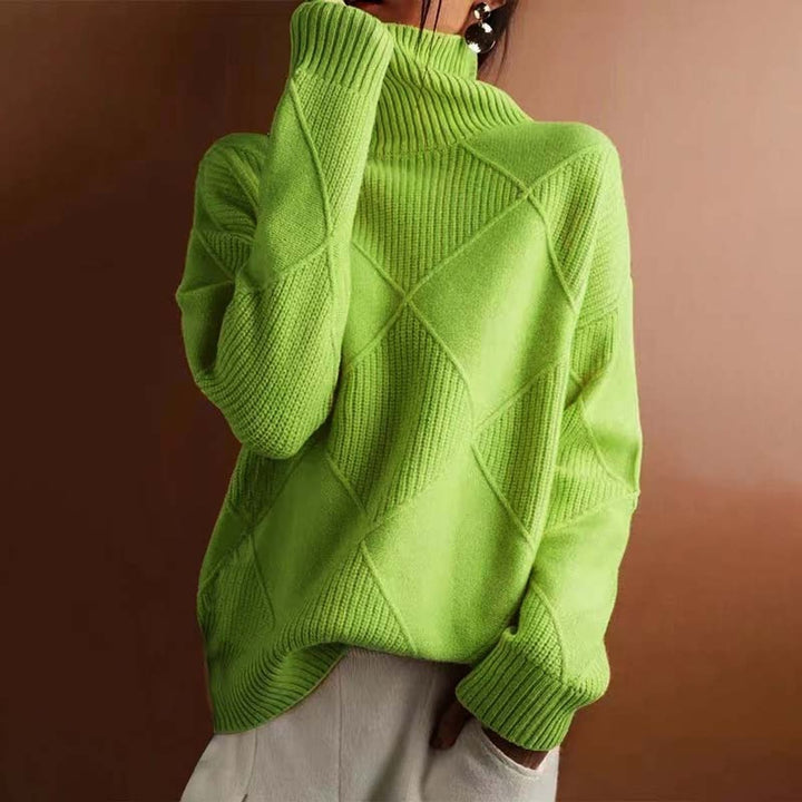 Marisol oversized turtleneck sweater with diamond pattern knit, side view
